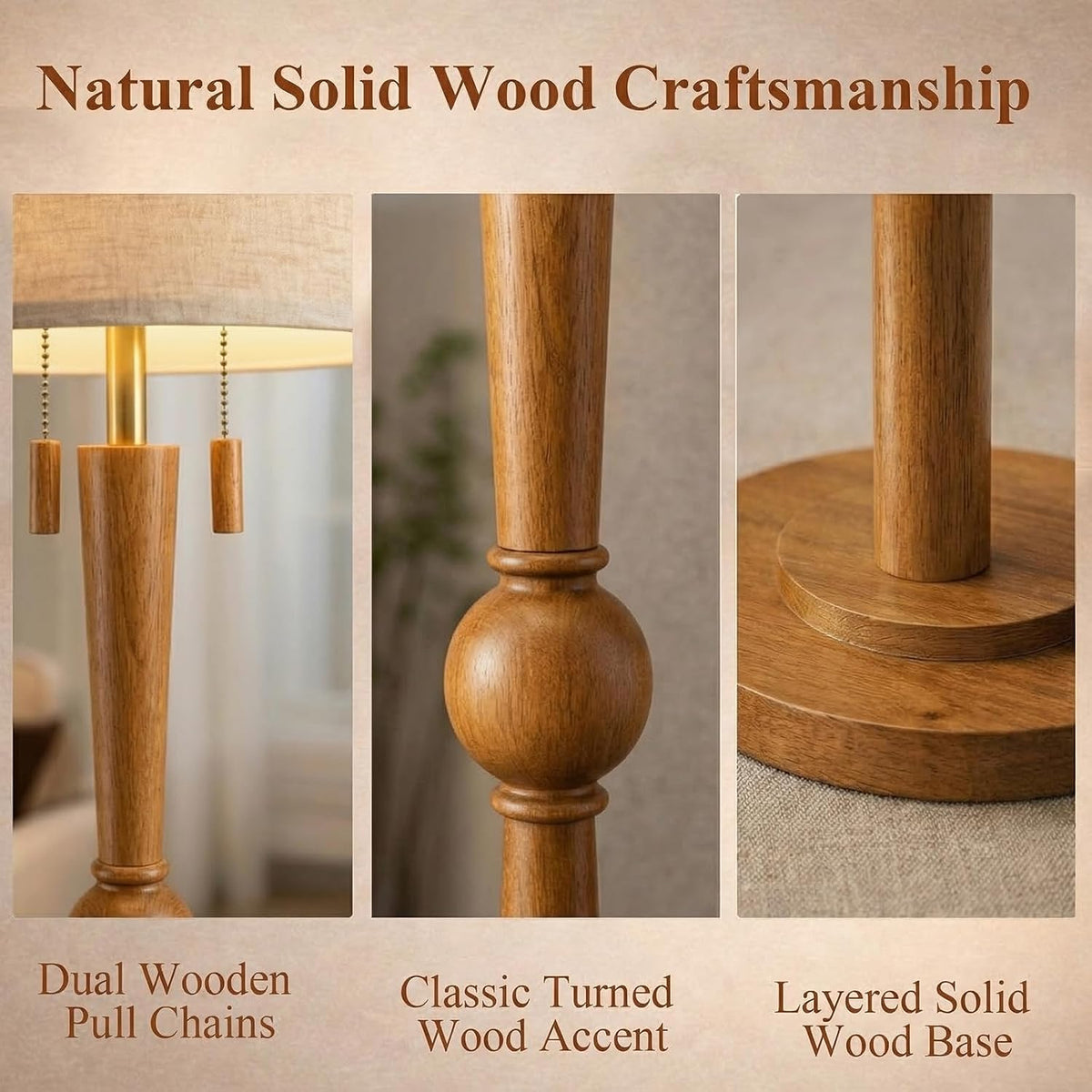 MOFFE Solid Wood Floor Lamp for Living Room with Wooden Pull Chains