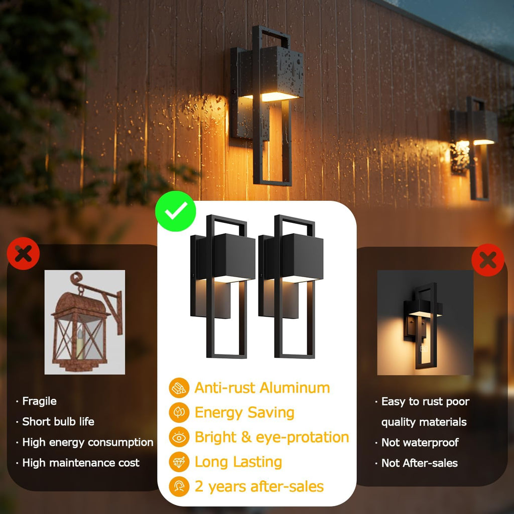 2-Pack Modern Outdoor Wall Lights, LED Black Porch Light, 3000K