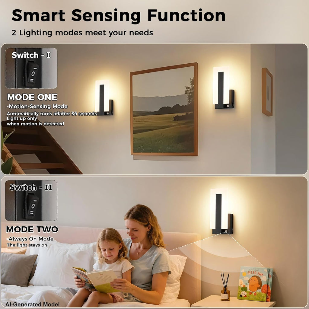 Joosenhouse Wall Sconces Set of Two Hardwired, Black Motion Sensor Wall Light Indoor, Modern Metal and Acrylic LED Wall Lamp 3000K Warm White for Hallway Bedroom Staircase