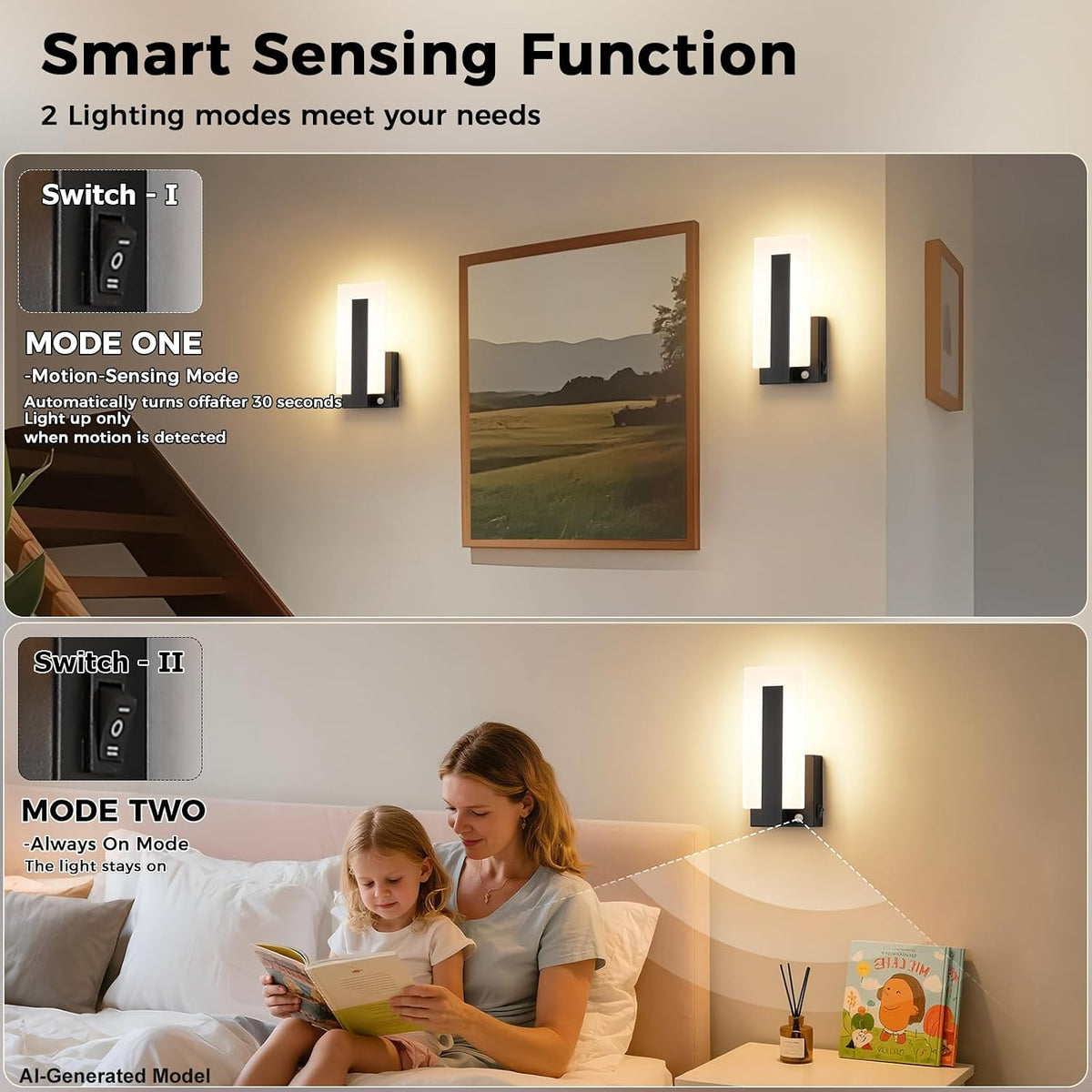 Joosenhouse Wall Sconces Set of Two Hardwired, Black Motion Sensor Wall Light Indoor, Modern Metal and Acrylic LED Wall Lamp 3000K Warm White for Hallway Bedroom Staircase
