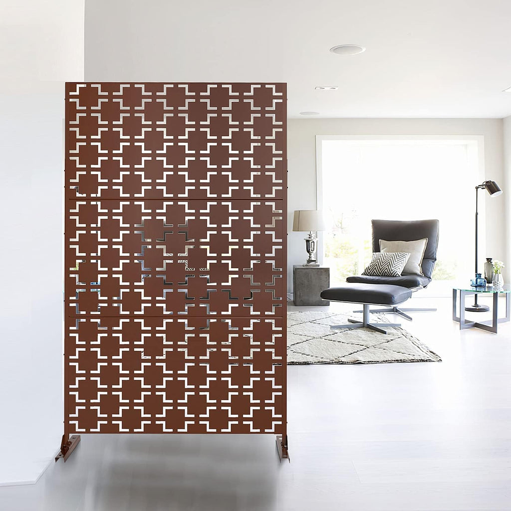 Elevens Patio Privacy Screen Balcony Decorative Screen Set with Stand, Outdoor Decor Privacy Fence Screen, Indoor Room Decorative Divider (Square-Brown)