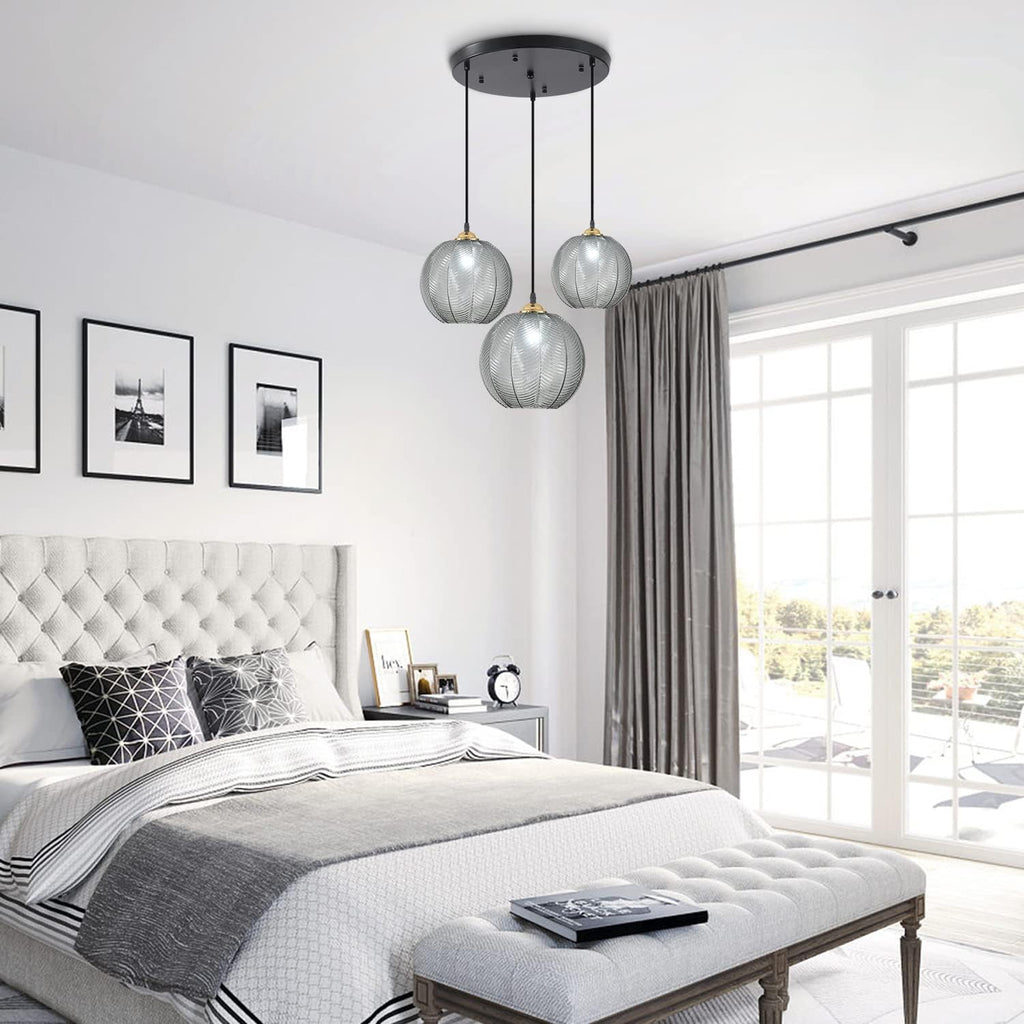 kco modern black 3-light smoke gray glass globe, front angle view