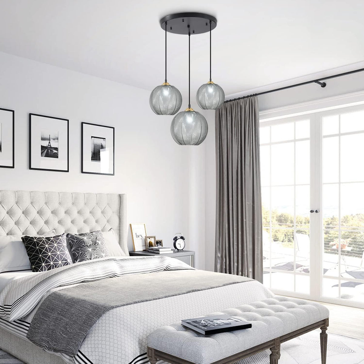 kco modern black 3-light smoke gray glass globe, front angle view