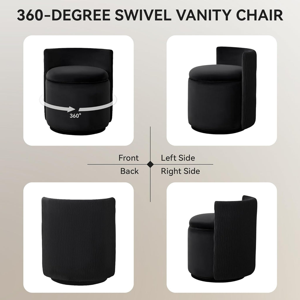 WUTUTUEE Velvet Vanity Chair with Storage, 360° Swivel Makeup Chair with Wave Back, No Assembly Small Accent Stool for Bedroom, Dressing, Living Room, Black