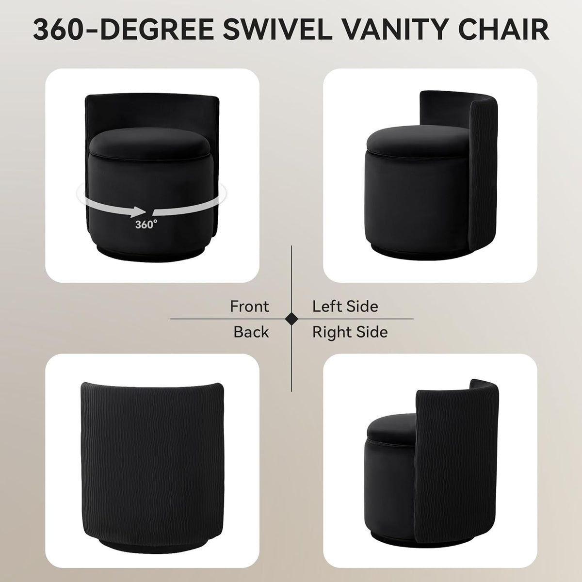WUTUTUEE Velvet Vanity Chair with Storage, 360° Swivel Makeup Chair with Wave Back, No Assembly Small Accent Stool for Bedroom, Dressing, Living Room, Black