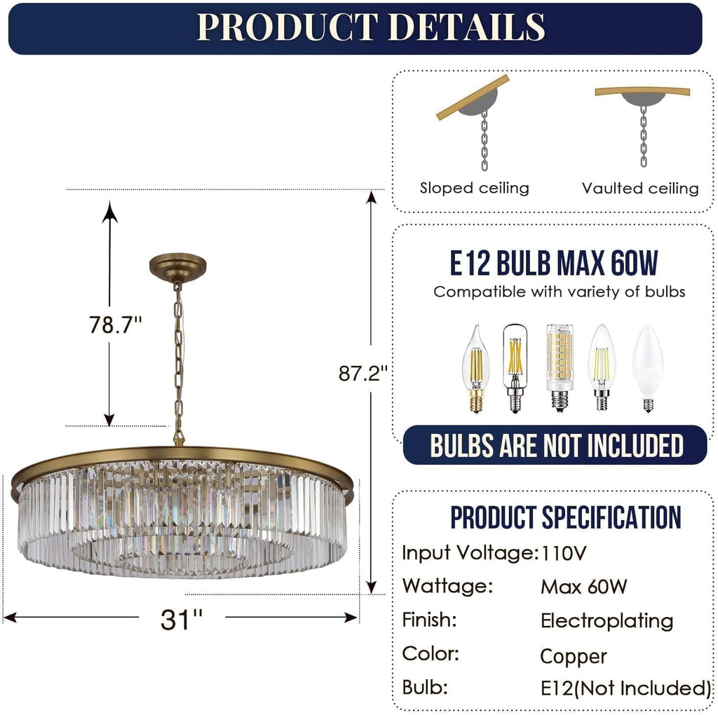Large Crystal Chandelier Modern Luxury Pendant Ceiling Lights Fixture Antique Gold Chandelier for Dining Room Living Room 12-Lights 3-Tier Raindrop Chandeliers Lighting (Gold, Dia 31 Inch)