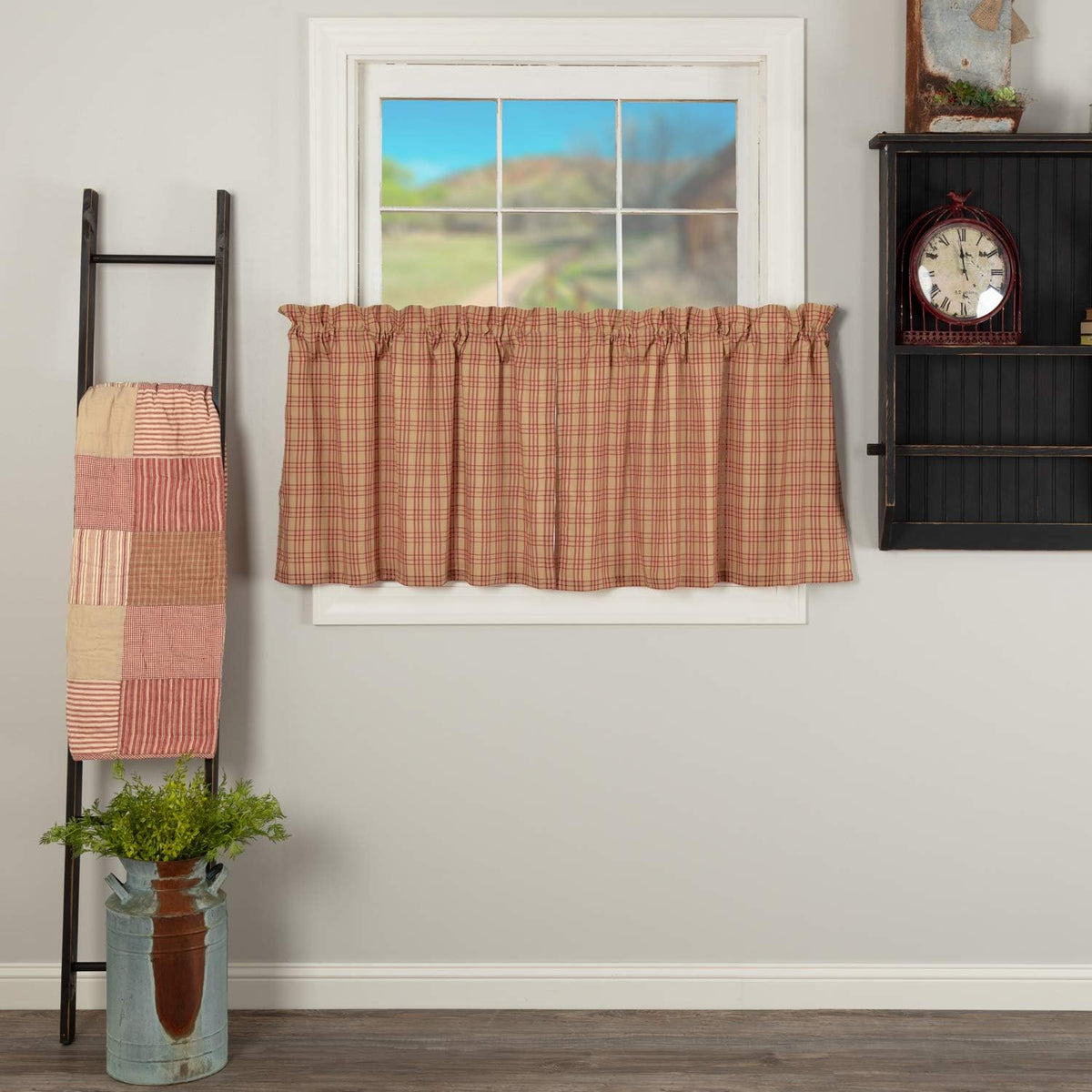 VHC Brands Sawyer Mill Plaid Cotton Farmhouse Kitchen Curtains Rod Pocket Hanging Loops 24 Inches Length, Tier Pair, Red