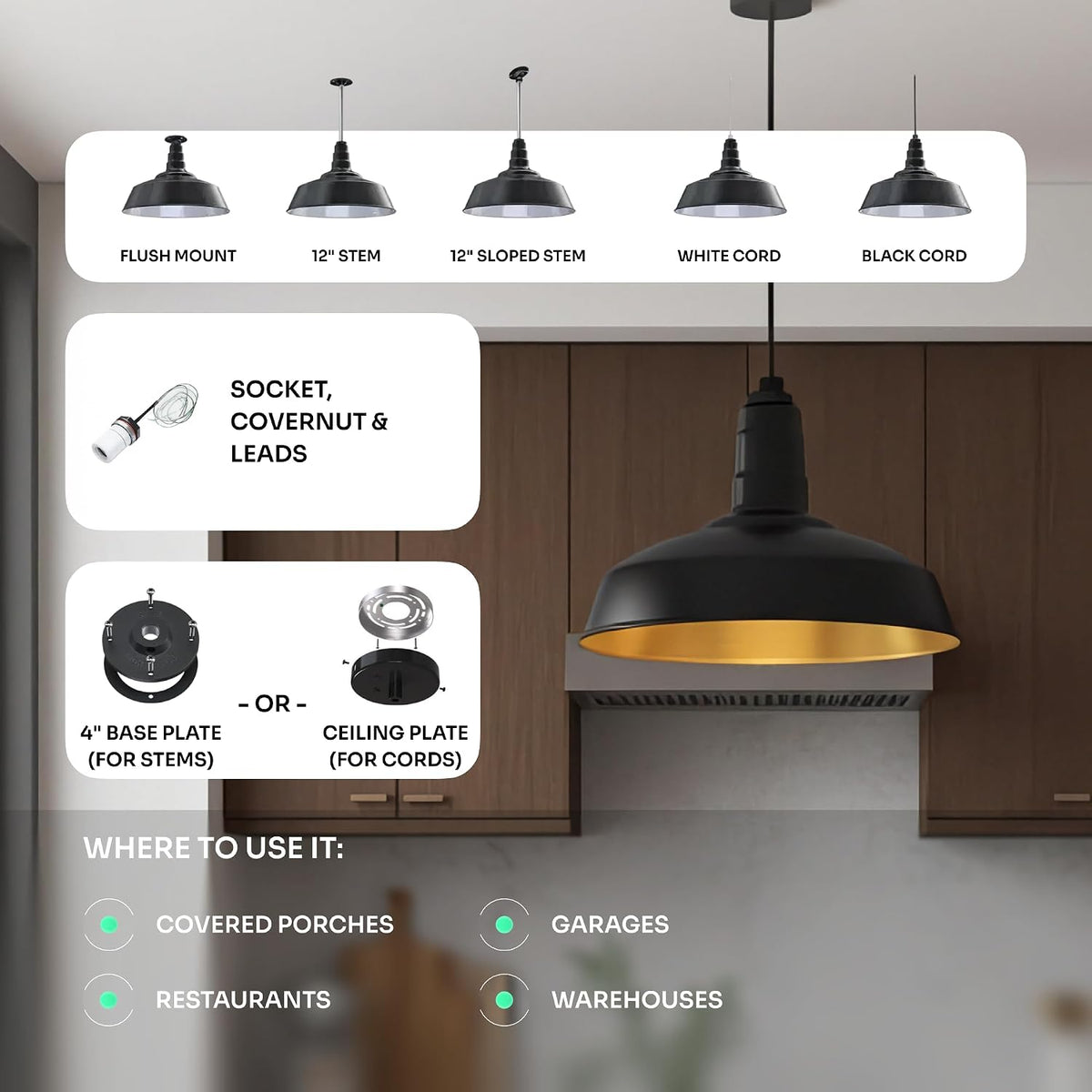 12" sloped stem barn light pendant 16" dome, side view