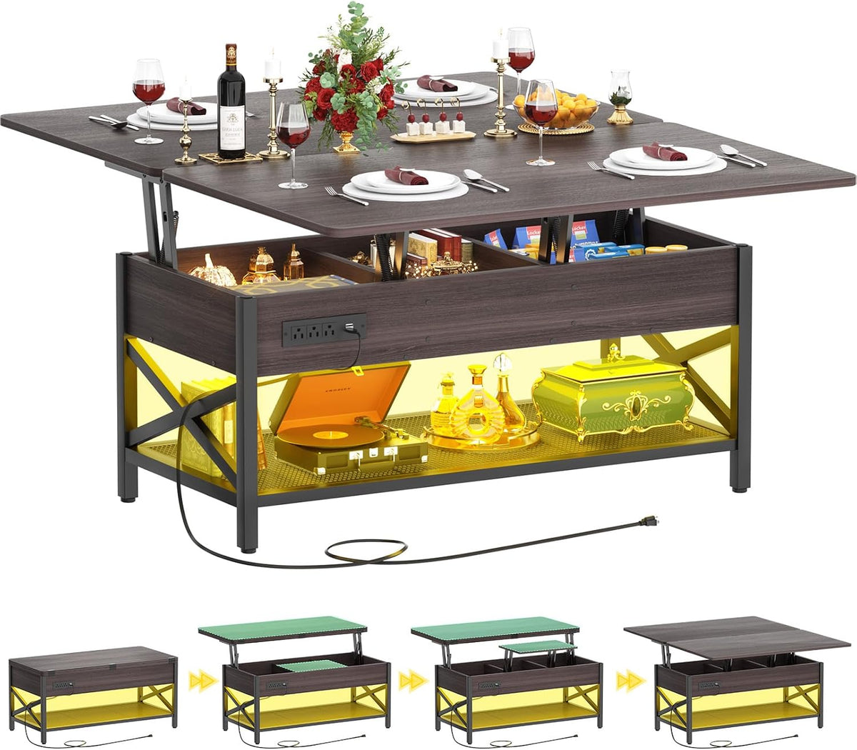 Aheaplus Coffee Table Lift Top Multi-Function Coffee Table Converts to Dining Table, with LED Light and Power Outlet, Center Table with Shelves for Living Room Reception Home Office,-S2, Espresso