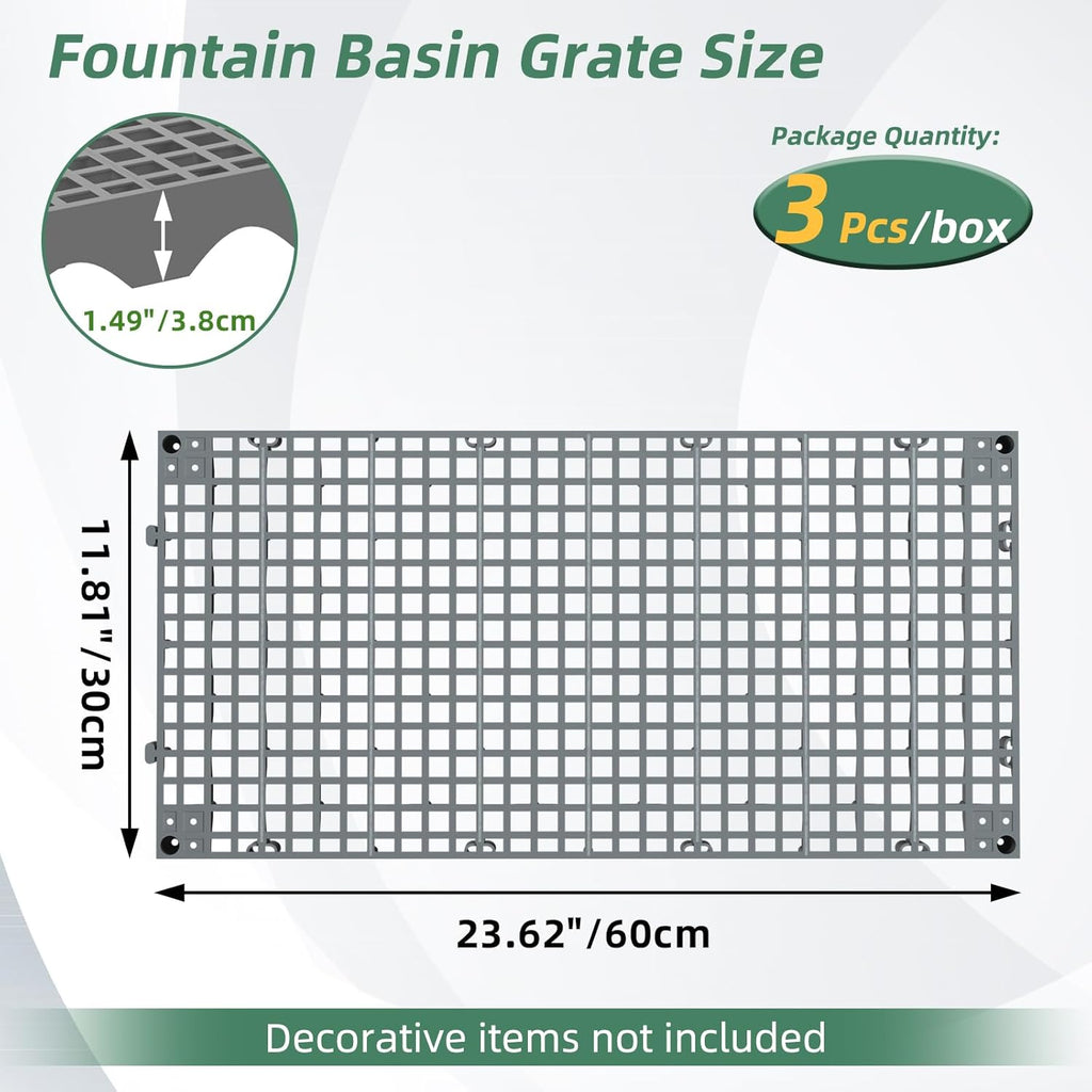 3 Pack 24" x 12" Heavy Duty Fountain Basin Grate, Hide Reservoir Grid for Pondless Waterfall, Hides Rocks, Vases and Decor, Indoor Outdoor Pond Water Garden Fountains, Snap Together Design, Gray