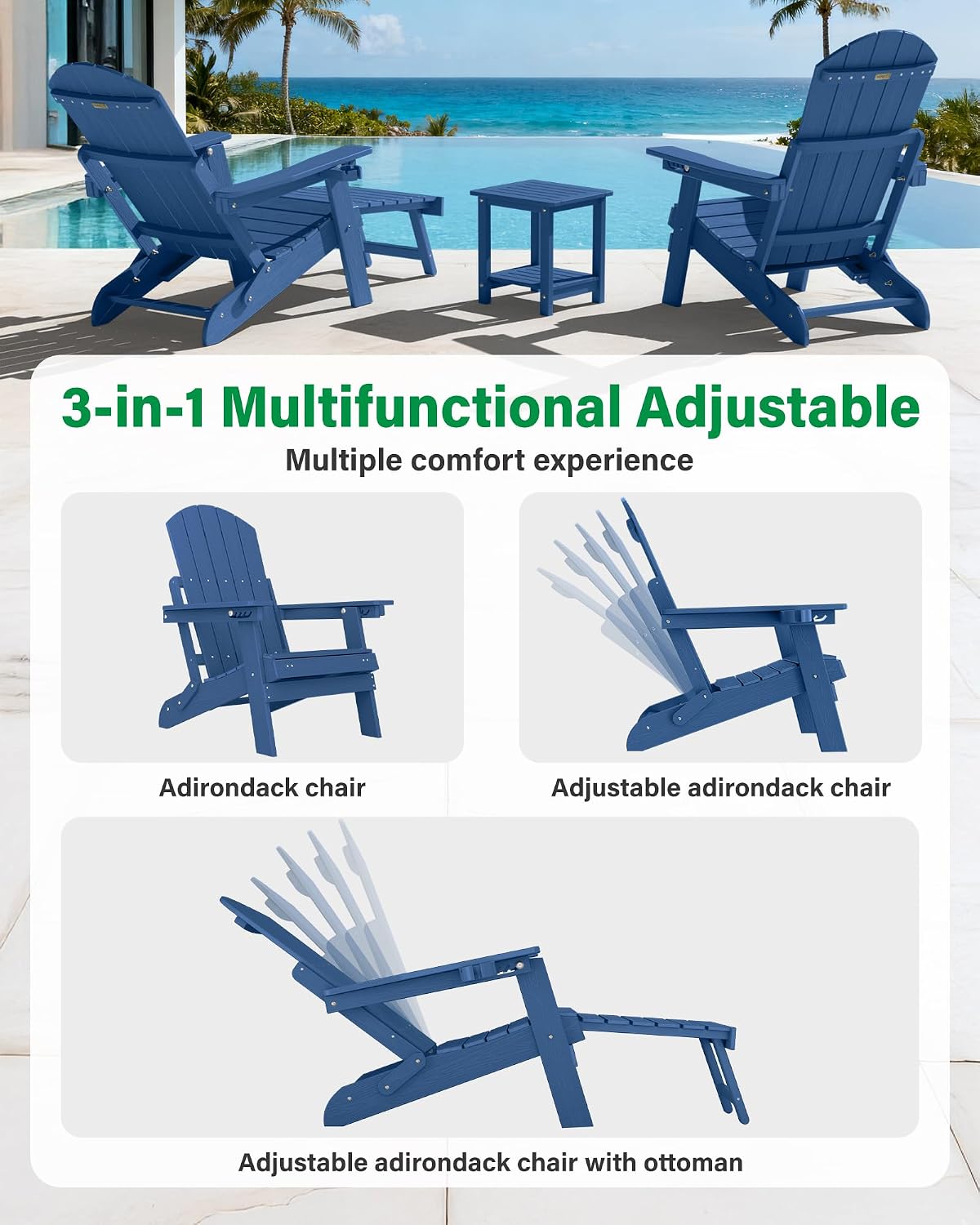 YEFU Adjustable Adirondack Chair with Footrest,All-Weather, Set of 4,Navy