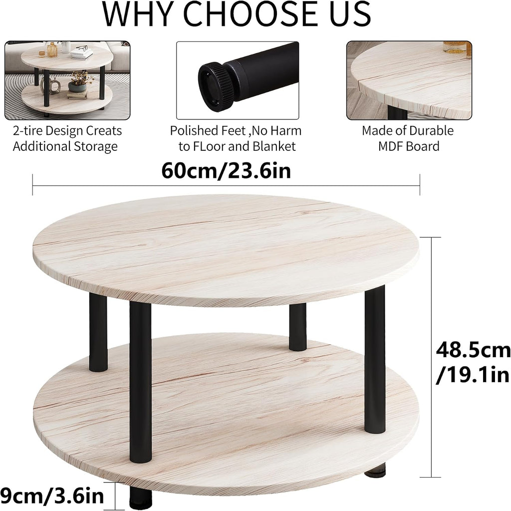 23.6" Round Coffee Table, 2-Tier Small Circle Coffee Table with Storage, Modern Center Accent Table with Metal Frame, Side Table End Table for Small Space, Living Room, Office, Teak Oak