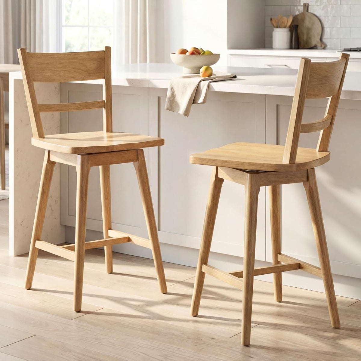 Ya-Home Swivel Counter Stools Set of 2, 24.5" Solid Wood Bar Stools with Back & Wood Seat, Natural Finish — Mid Century Modern Counter Height Bar Chairs for Kitchen Island