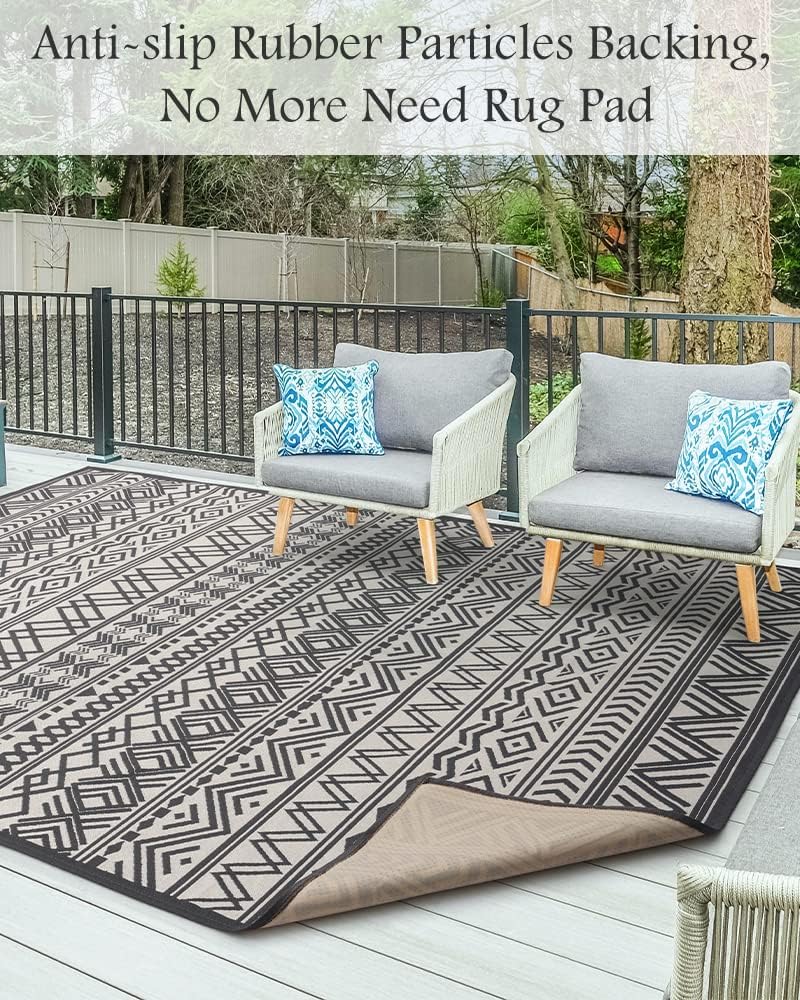 Outdoor Rug Carpet 9x12 ft, Flatweave Textured Outdoor Patio Rug Non Slip Indoor Outdoor Rugs with Rubber Particles Backing Boho Outdoor Area Rug for Patio Deck Front Porch Backyard Balcony
