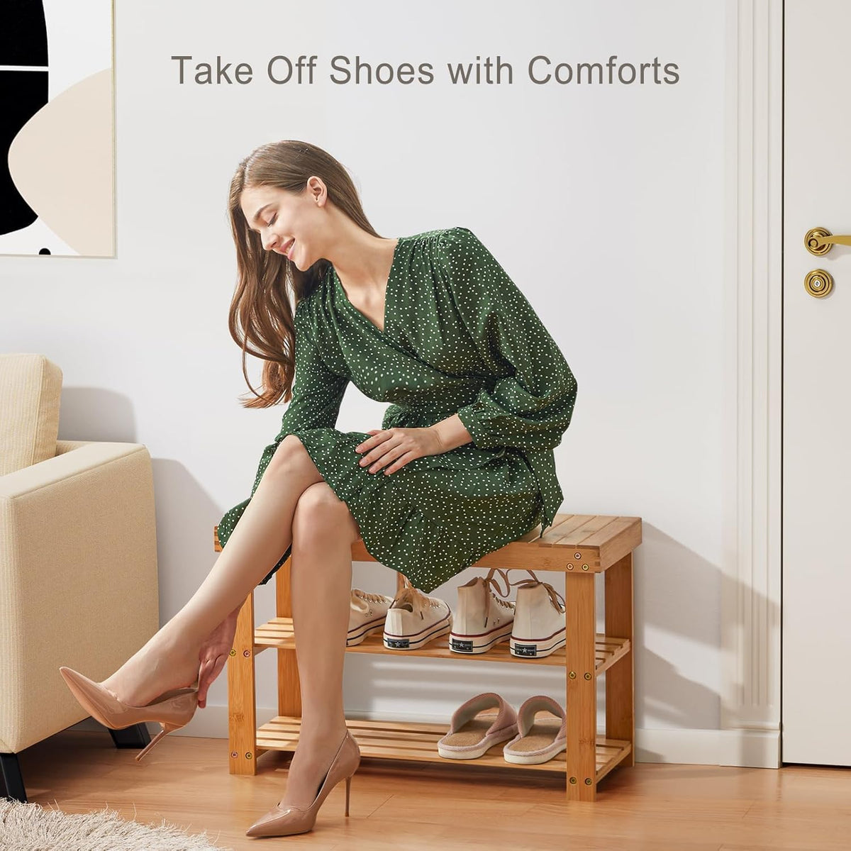 Pipishell 3 Tier Bamboo Shoe Rack Bench for Entryway, Natural