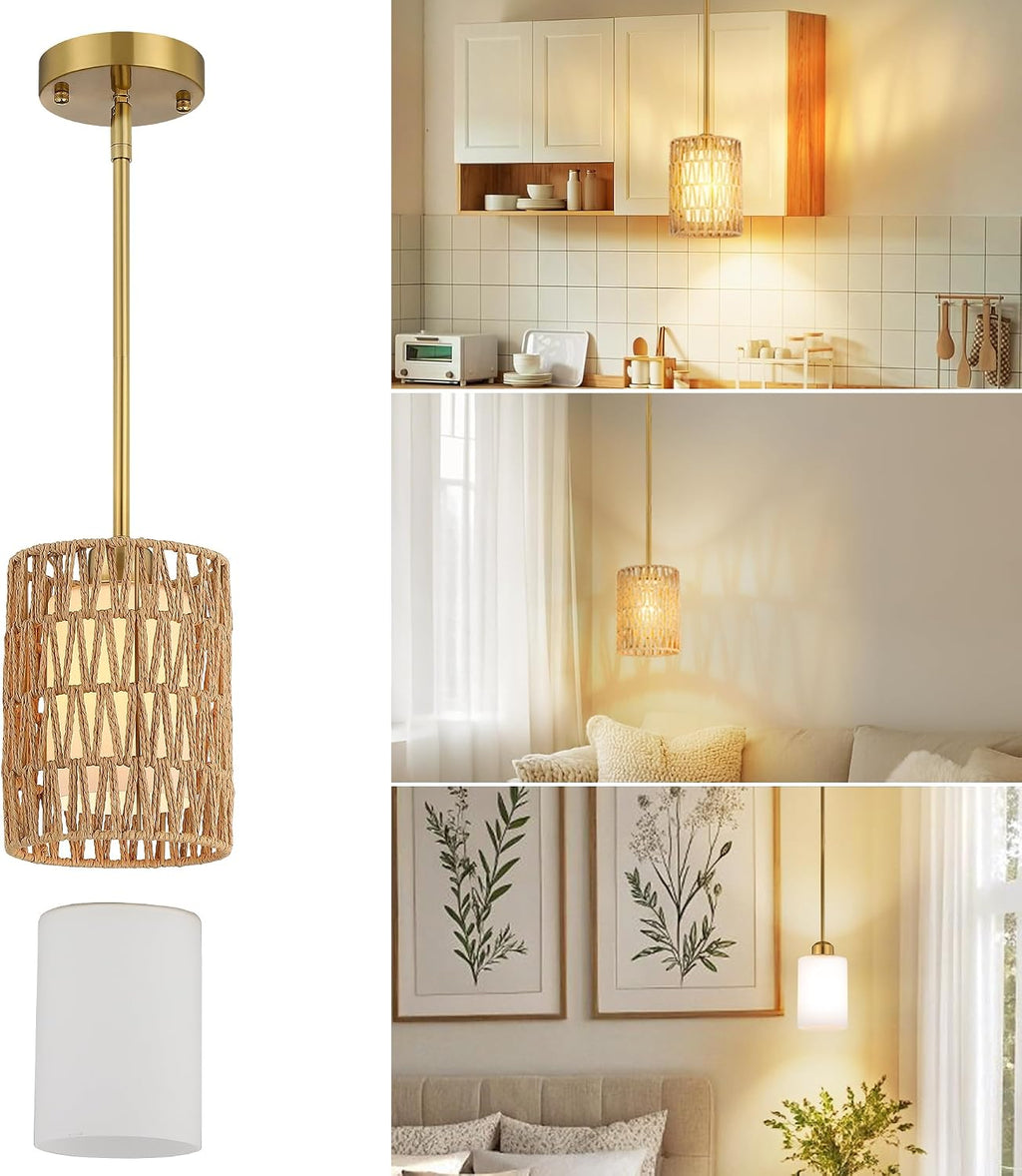 6inch gold rattan pendant light, 2-in-1 boho hanging shown in use
