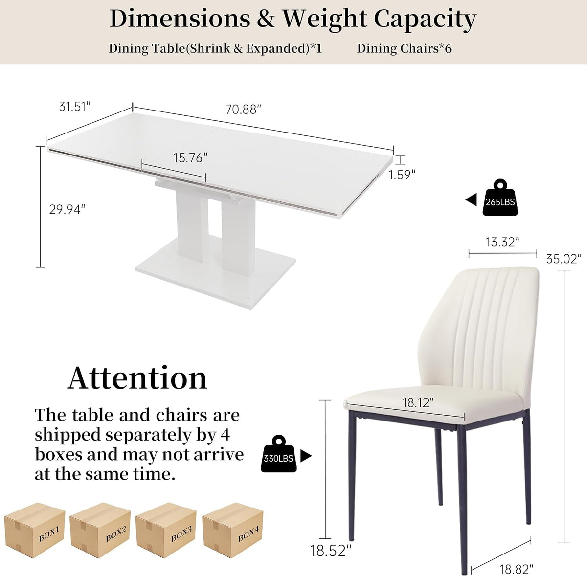 HIPIHOM Extendable Dining Table Set, White Table + 6 Beige Pu Chairs