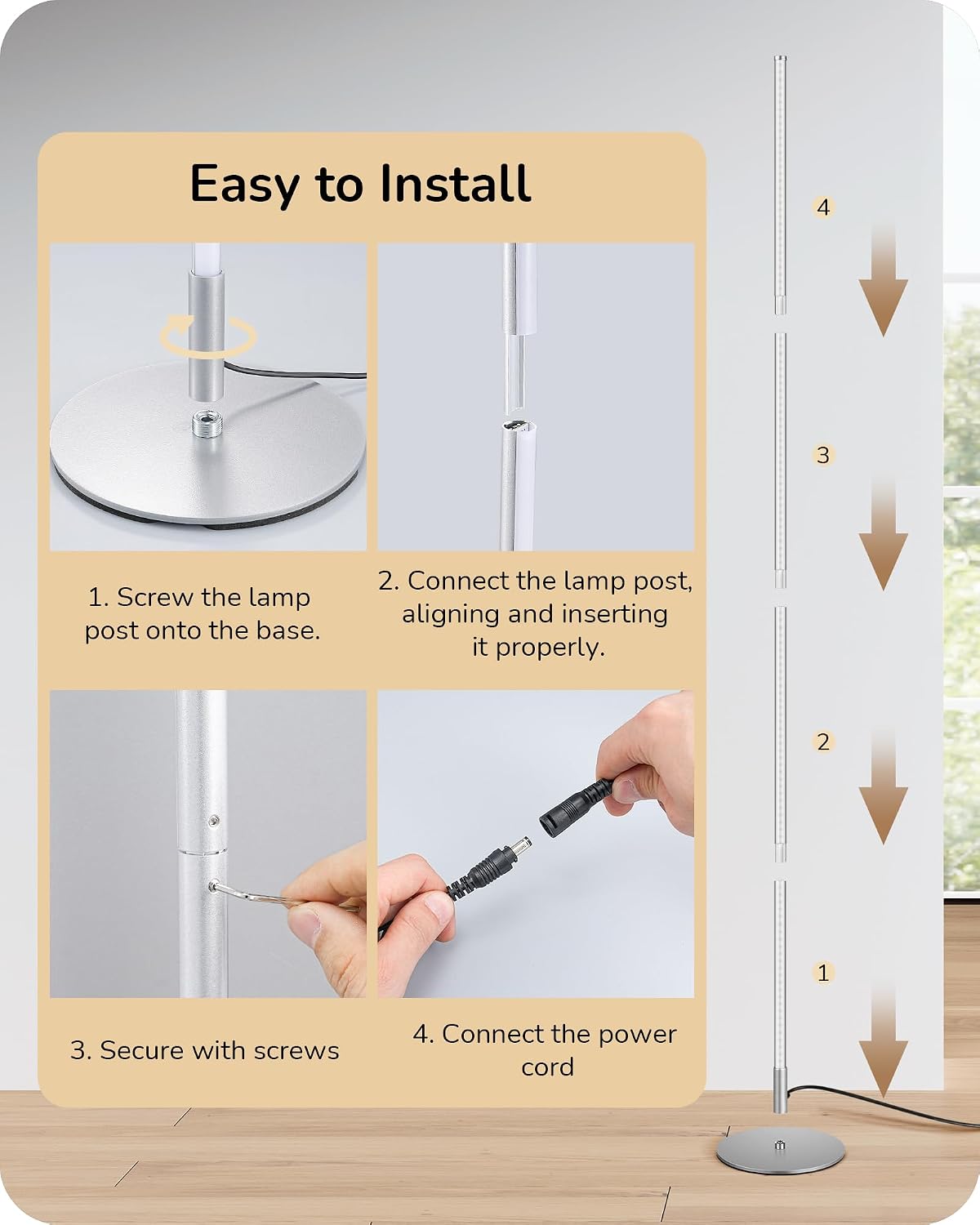 EDISHINE 59.8" Corner Lamp with Remote & 3 Height Settings, Dimmable & 3CCT