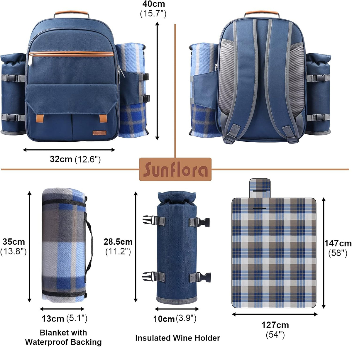 Sunflora Picnic Backpack for 2 Person Set Pack with Insulated Waterproof Pouch for Couple Outdoor Camping (Navy)