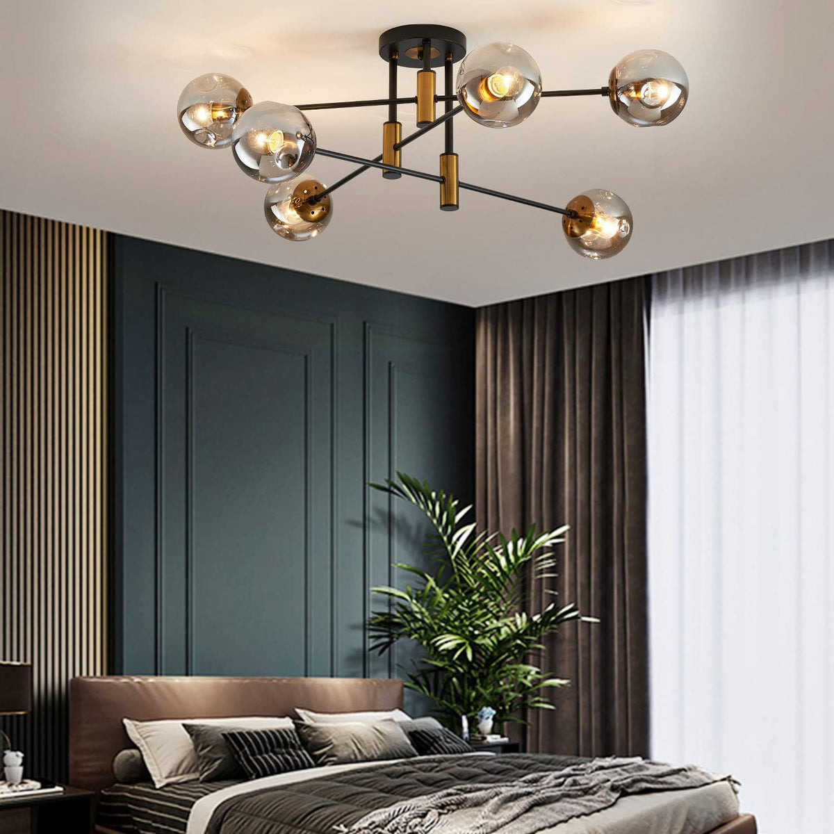 6-Light Sputnik Ceiling Light Fixture Mid Century Black and Gold Chandelier