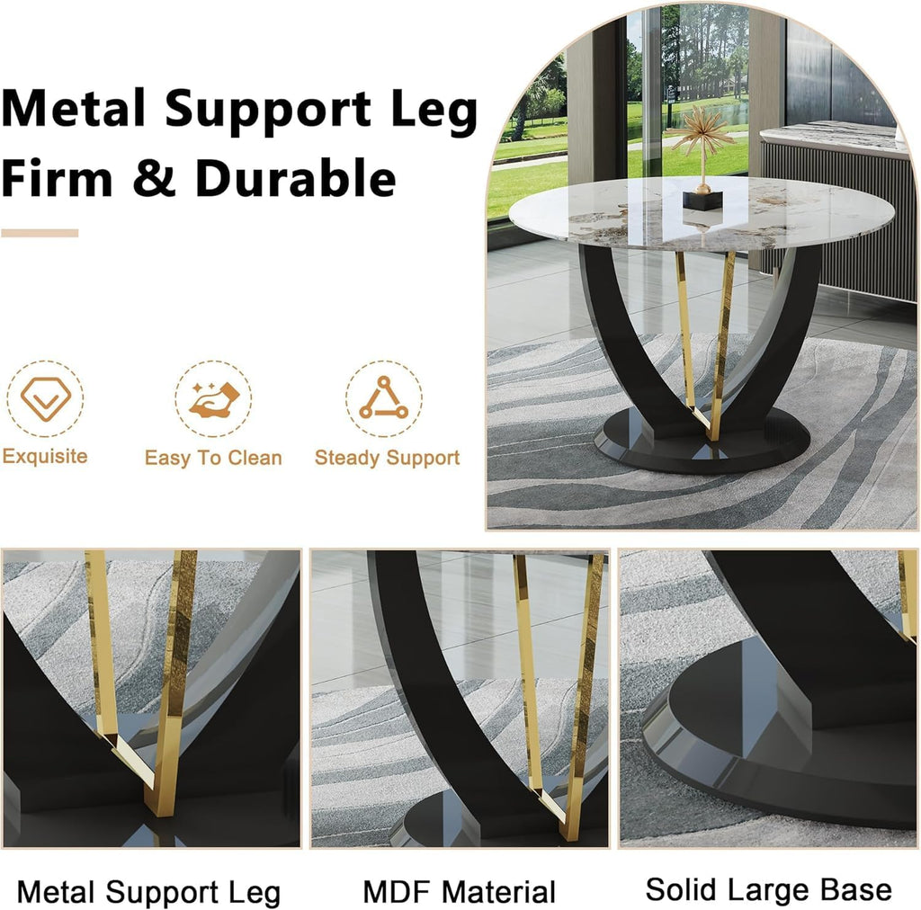 47" Round Glass Black Gold Dining Table Set 4