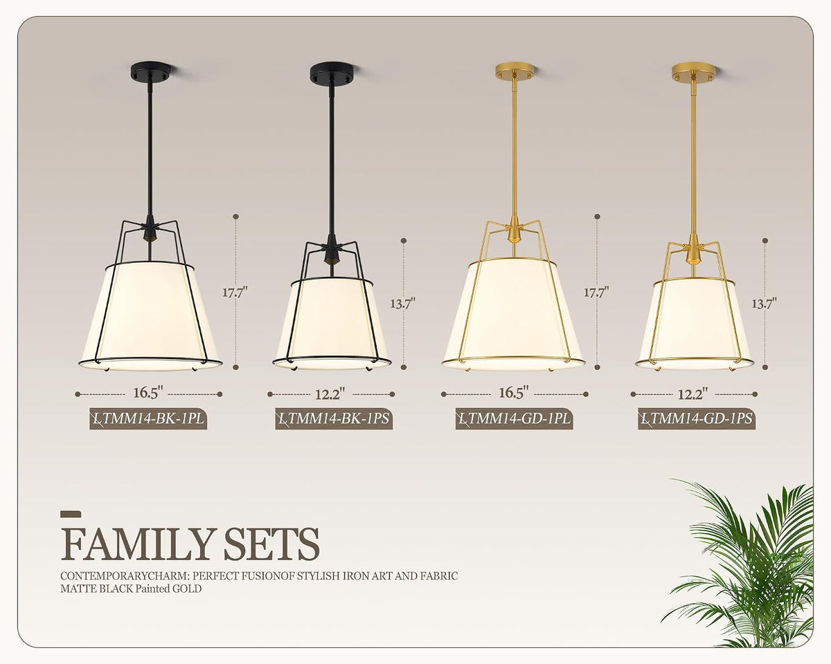 Black Pendant Lights Kitchen Island, 16.5" Linen Drum Chandelier