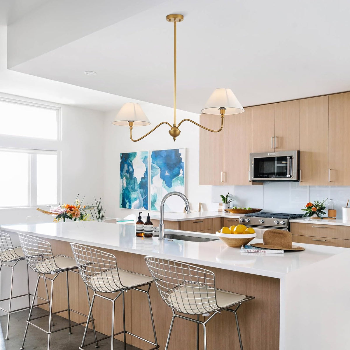 Modern Gold Linear Chandelier for Kitchen Island, 2-Light Linear Light Fixture with Off-White Fabric Shade, Rustic Pendant Light for Dining Room