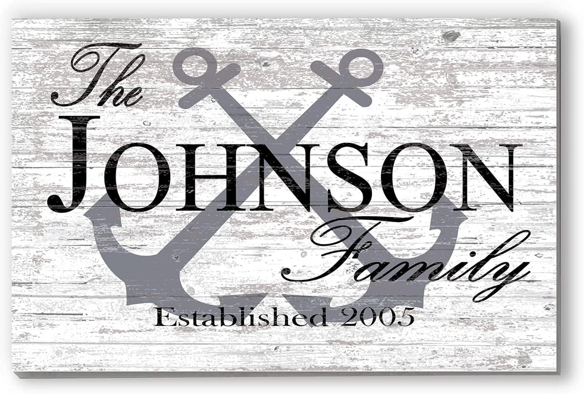 Custom Beach House Sign or Lake Home Sign - Name and Established Date - Solid Wood - 16.5in x 10.5in (Anchor Classic Gray)