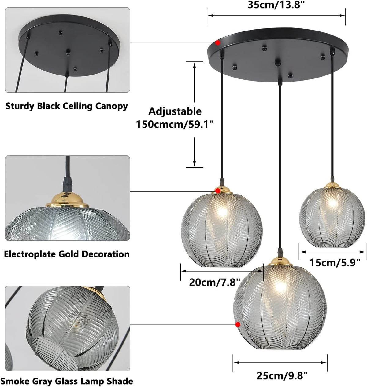 kco modern black 3-light smoke gray glass globe shown in use