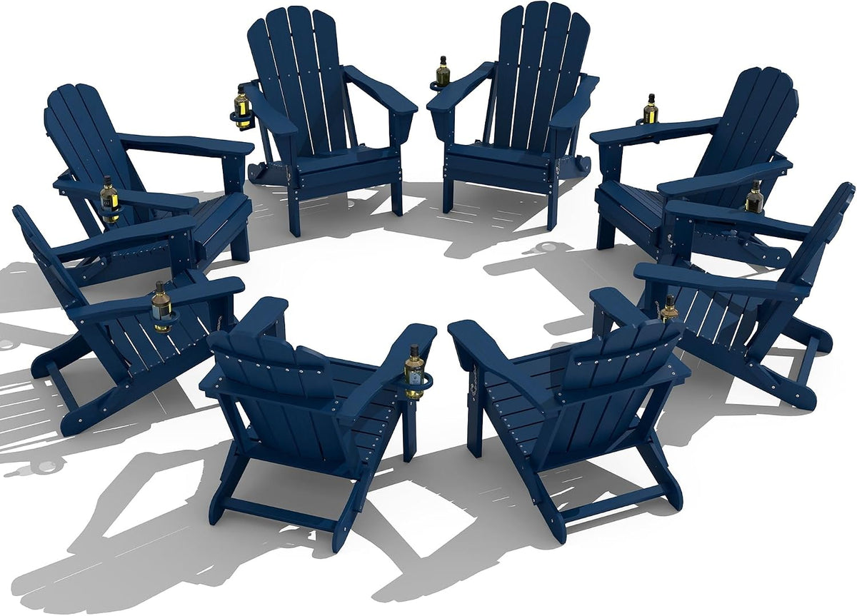 Domi Folding Adirondack Chair Set of 8, HDPE All-Weather Adirondack Chairs with Cup Holder, Outdoor Plastic Fire Pit Chairs Wood Texture for Poolside, Patio, Backyard, Deck (Blue)