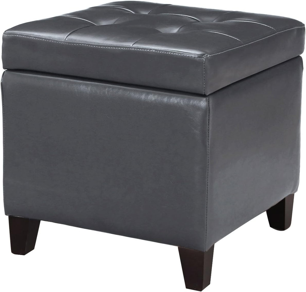 Adeco Bonded Leather Square Tufted Cubic Cube Storage Footstool, 18" Inch Ottomans & Storage Ottomans, With Lid, Dim Gray