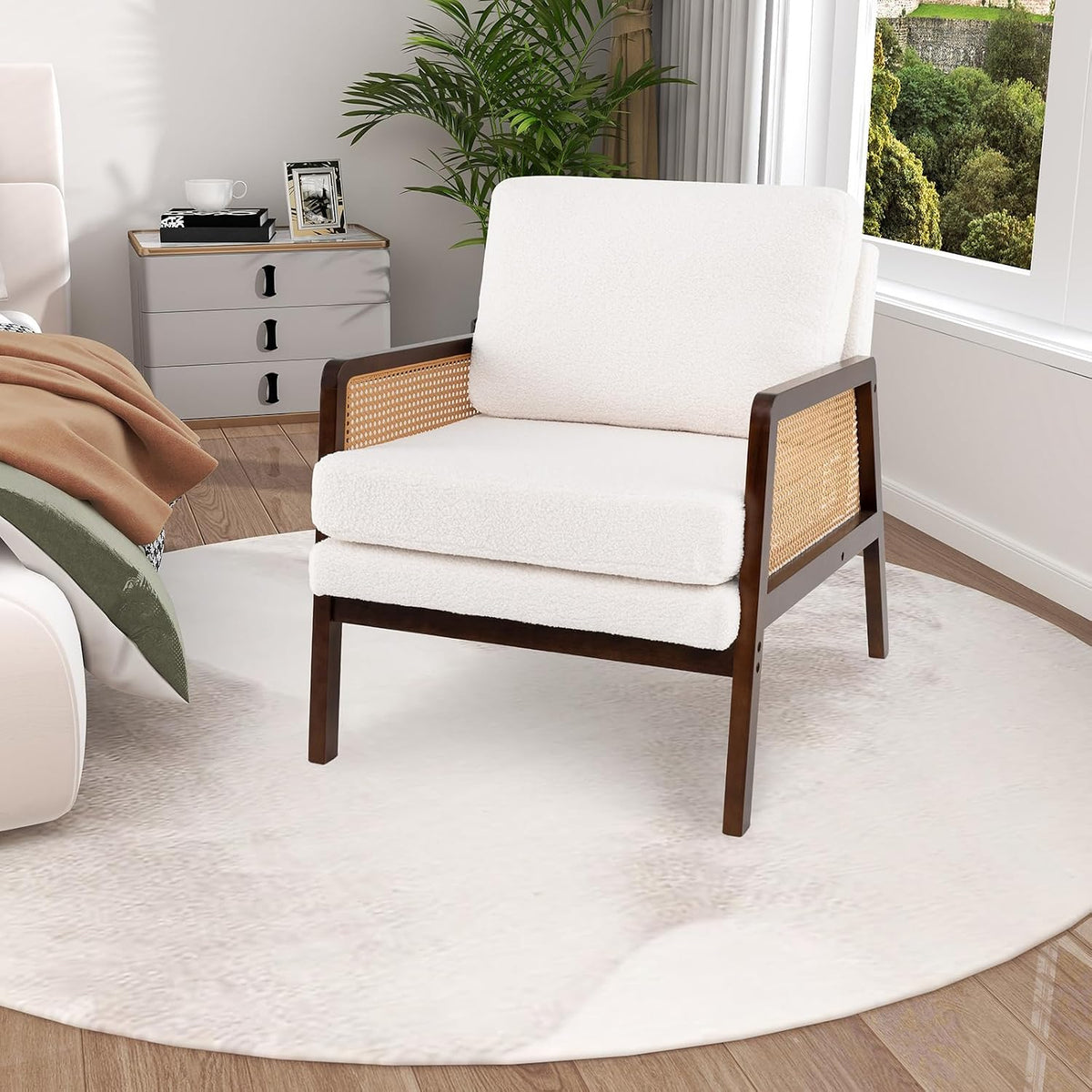 Giantex Mid Century Modern Accent Chair, Boho Boucle Living Room Arm Chair w/Rattan Arms, Wooden Frame, Thick Cushion, Pillow, Sherpa Reading Side Chair for Bedroom, Balcony, Brown+Beige