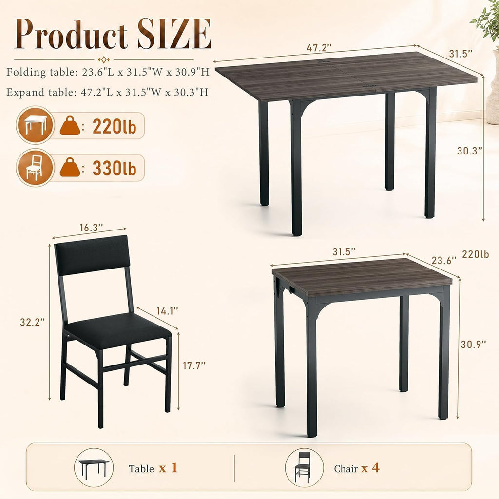 HUAHUU 5-Piece Dining Table Set for 4, Extendable Kitchen Table Set with 4 Upholstered Cushion Chairs, Rectangle Table with Metal Frame & MDF Board, Folding Space-Saving for Small Apartment, Gray