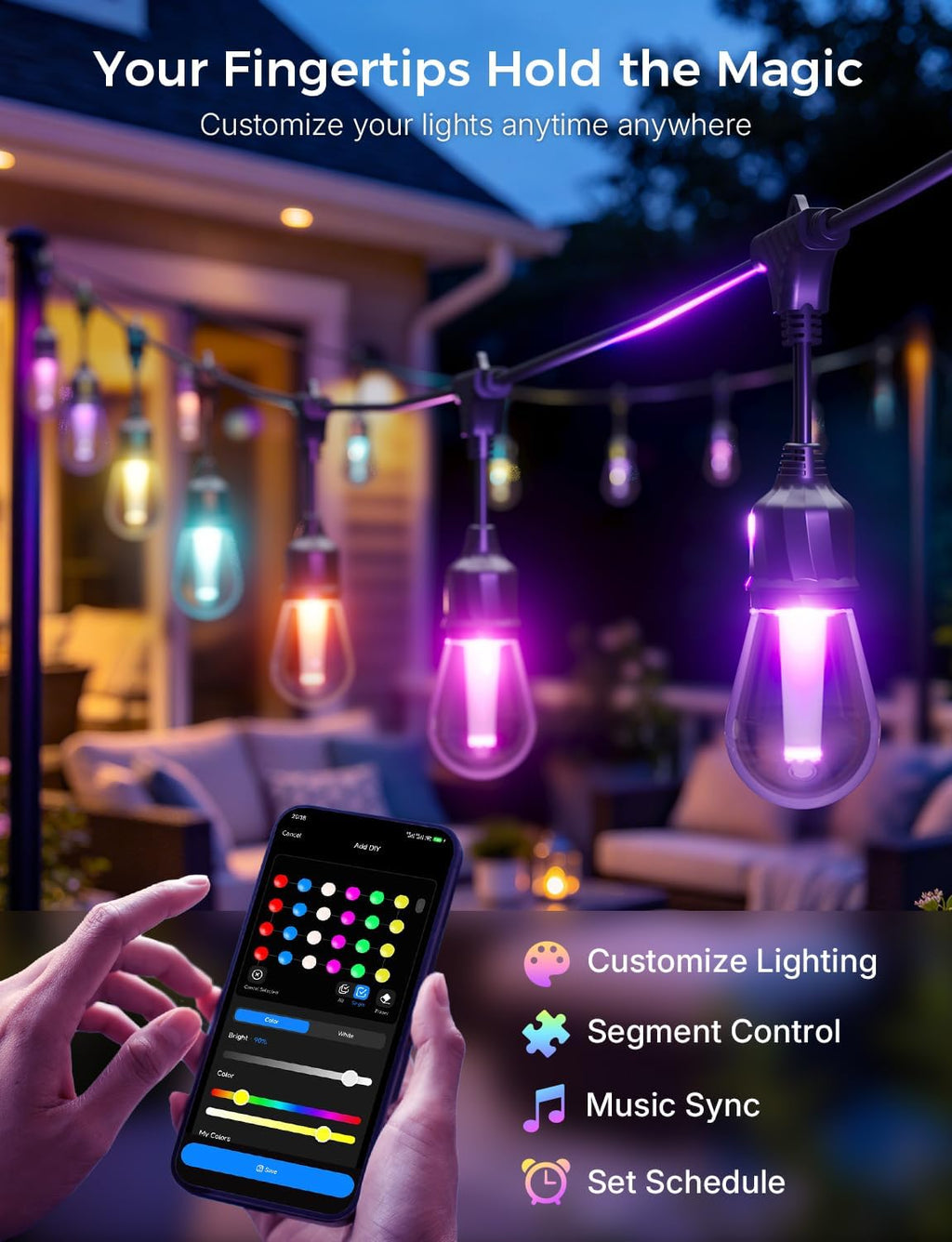 XMCOSY+ Smart Outdoor String Lights 72.5FT, LED Patio Lights App Control