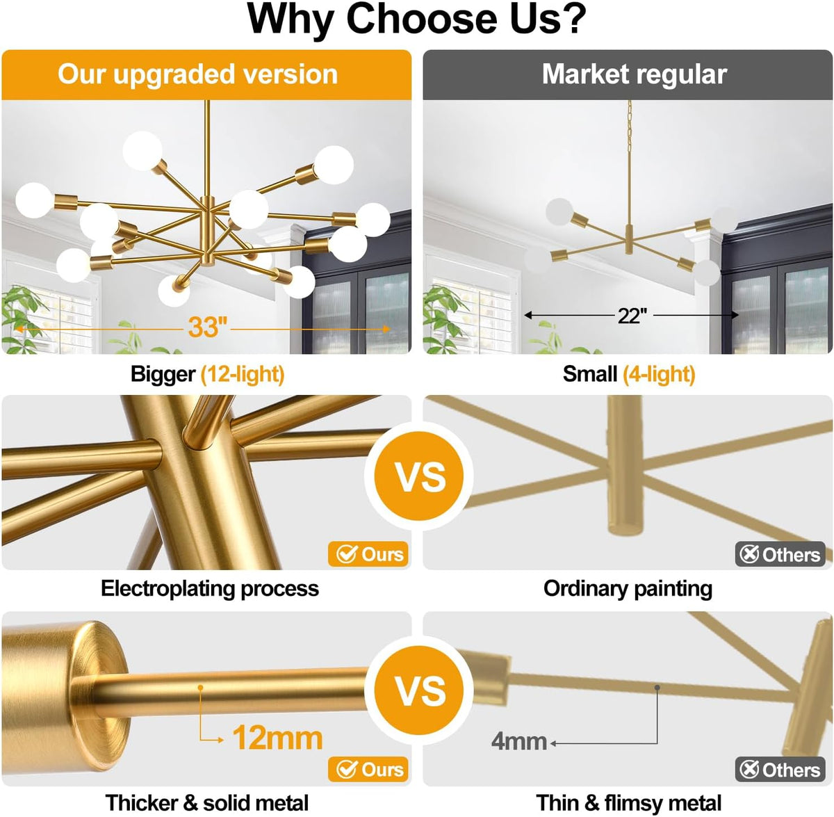 11"-52" Height Adjustable Modern Chandelier Ceiling Light Fixture, 12-Light Sputnik Chandeliers Brushed Gold Mid Century Chandelier Over Table, Chandeliers for Dining Room Living (Bulbs Not Included)
