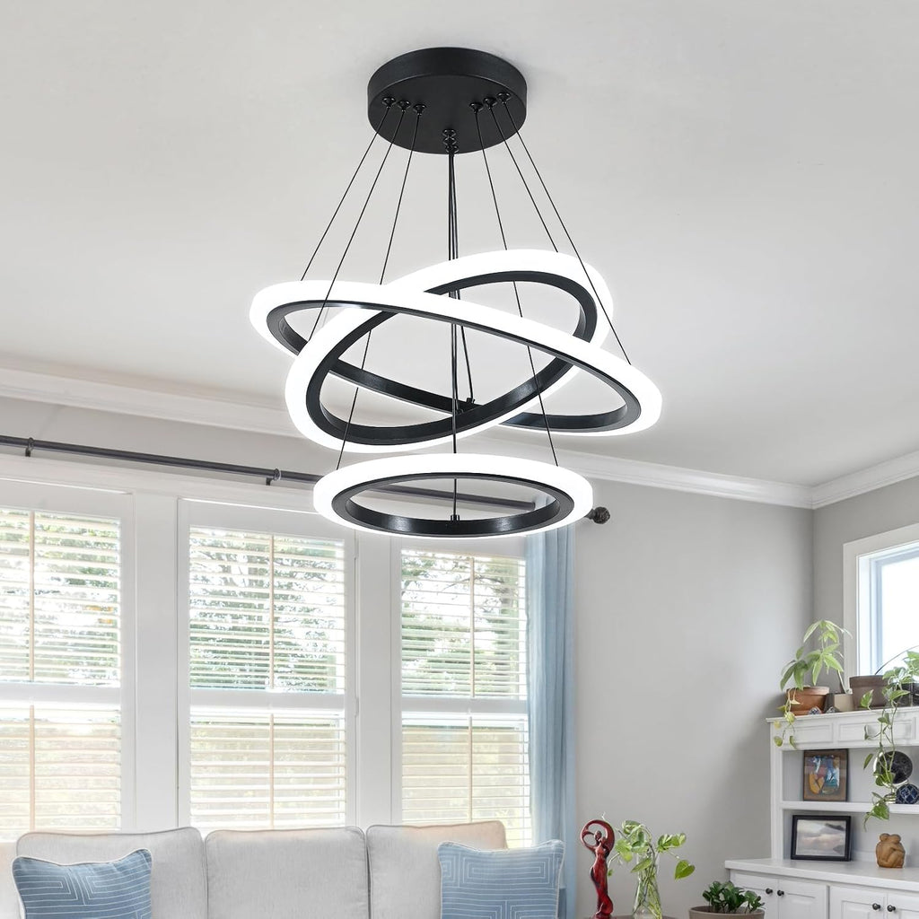 O'NEELDY Modern 3 Ring LED 52W Black Pendant Light with Irregular Ring Lights Adjustable Hanging Lamp for Dining Room Bedroom Kitchen Island Cafe