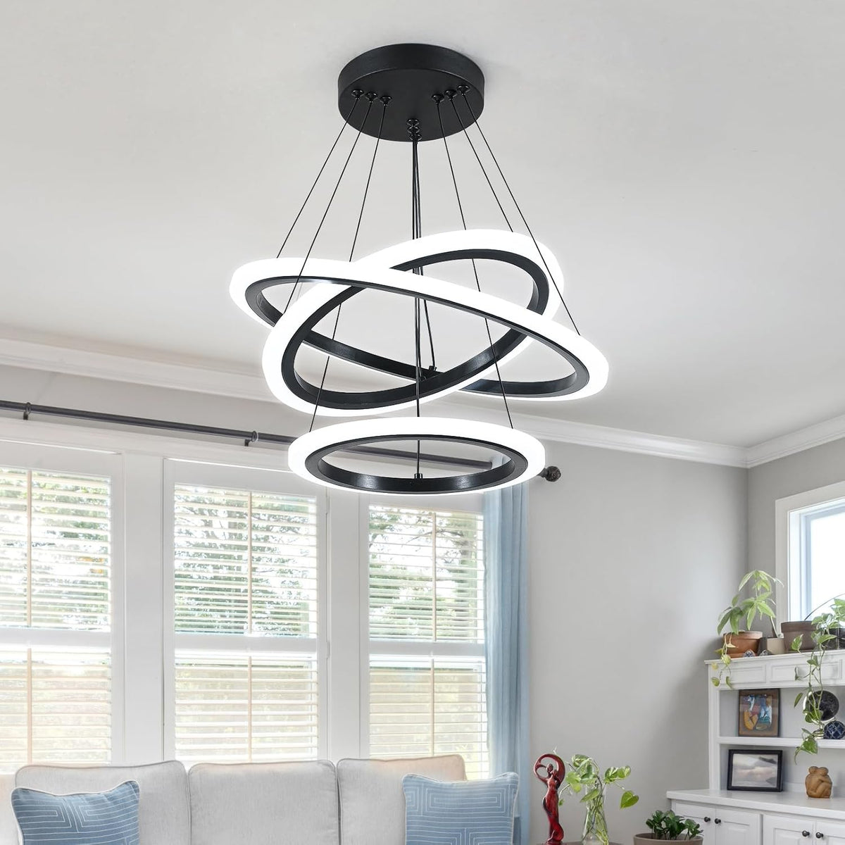 O'NEELDY Modern 3 Ring LED 52W Black Pendant Light with Irregular Ring Lights Adjustable Hanging Lamp for Dining Room Bedroom Kitchen Island Cafe