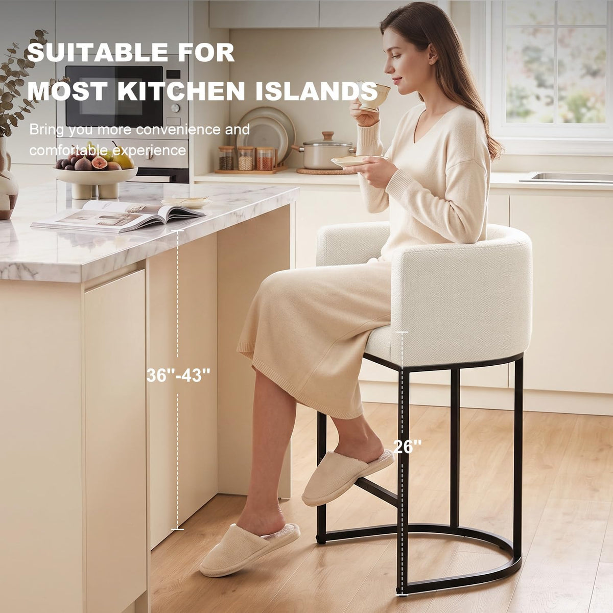 26" H Counter Height Bar Stools Set of 3, Modern Barrel Counter Stools with Backrest and Arms, Linen Fabric Upholstered Accent Barstools for Kitchen Island,Support 450 LBS (White)