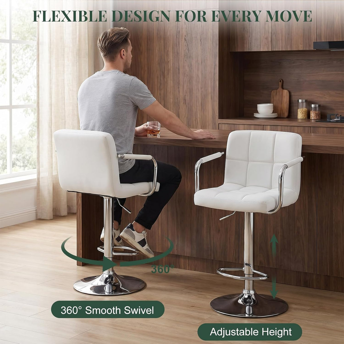 Bar Stools Set of 2, 24-26'' Adjustable Swivel Bar Chairs, White