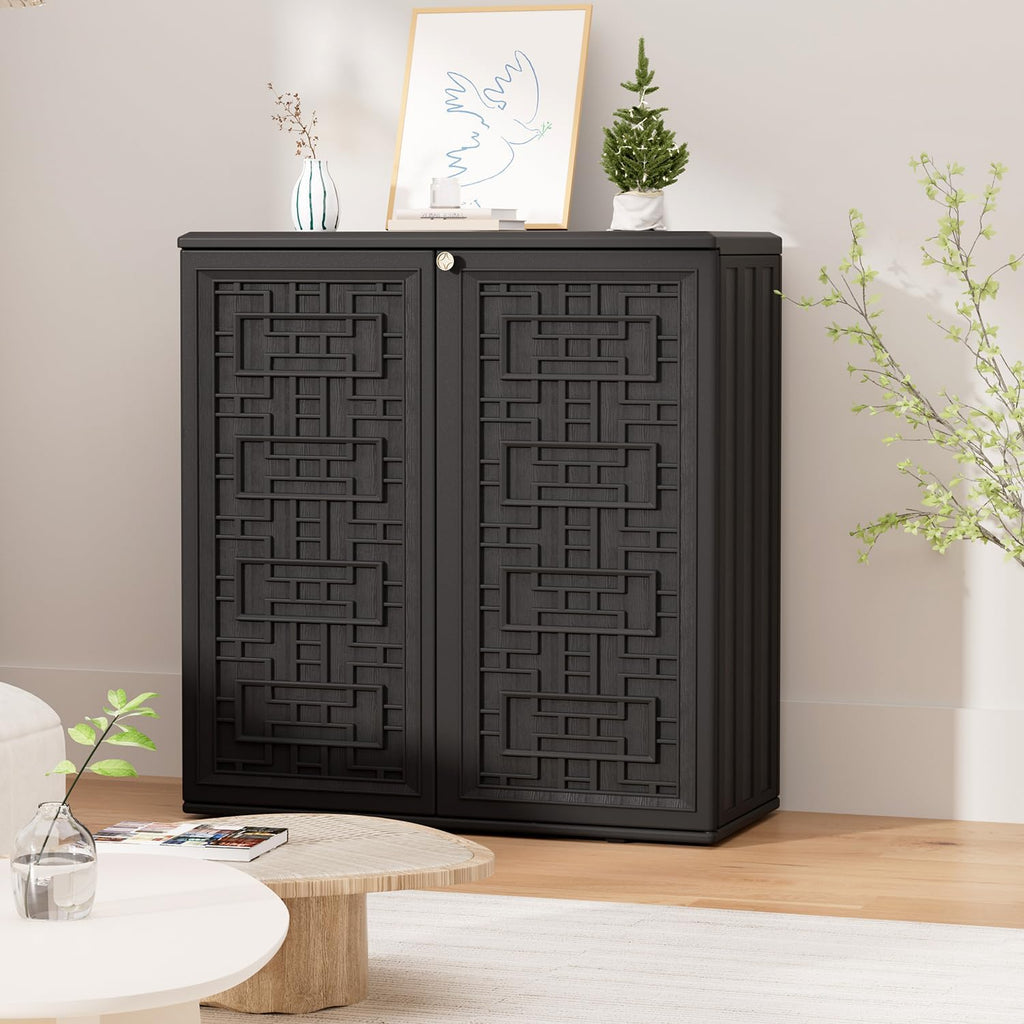 HOMSPARK Indoor/Outdoor Storage Cabinet with Doors and Shelf, 34”x15”x36” HDPE Plastic Storage Box Waterproof for Patio, Garden, Balcony, Multi-Purpose for Daily Tools, Black