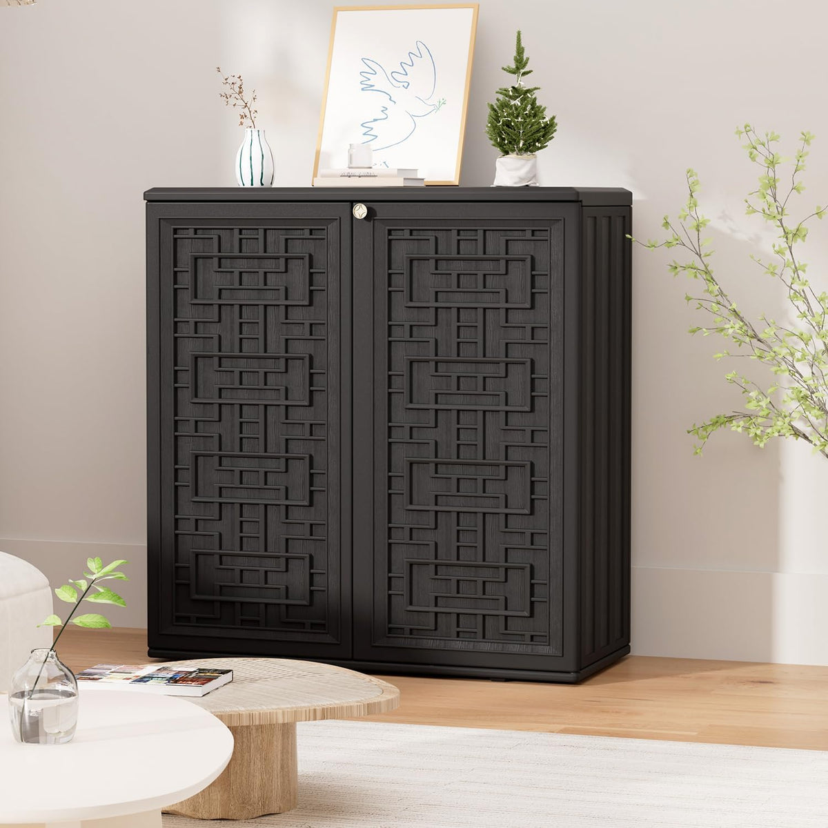 HOMSPARK Indoor/Outdoor Storage Cabinet with Doors and Shelf, 34”x15”x36” HDPE Plastic Storage Box Waterproof for Patio, Garden, Balcony, Multi-Purpose for Daily Tools, Black