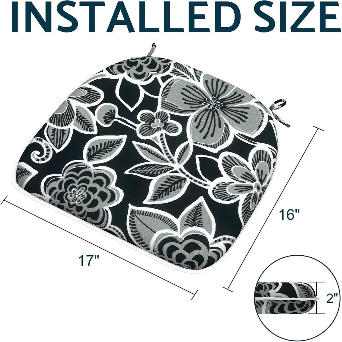 Indoor/Outdoor Chair Cushions 16x17 Inch, Patio Chair Cushions with Ties, All Weather Seat Cushions for Patio Furniture Home Garden Chair Use, Set of 2,Flower Black