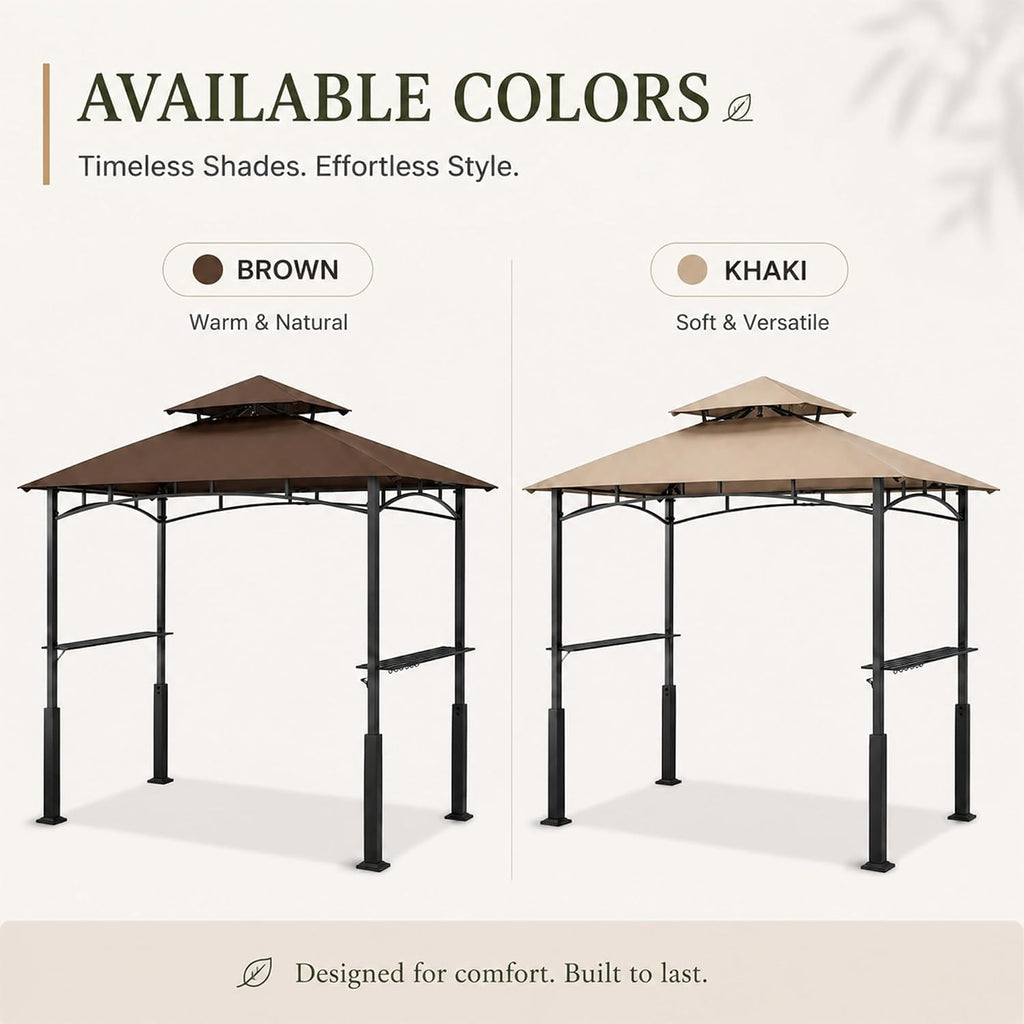 Garvee 8x5 Grill Gazebo, Outdoor BBQ Canopy Shelter with Double Tiered Roof Ventilation - Heavy Duty Patio Canopy Tent Steel Frame for Backyard Garden Lawn Grilling Party Picnic Cooking Events, Brown