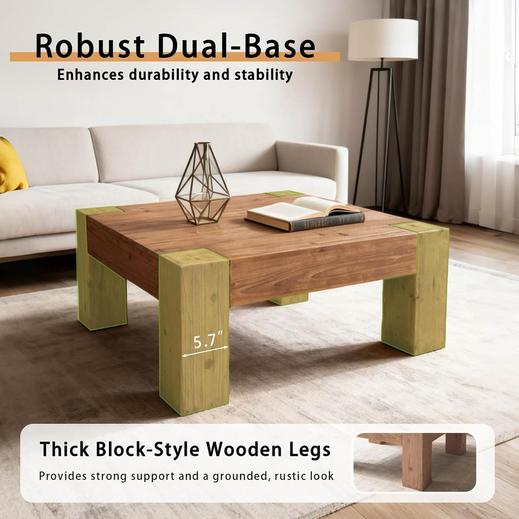 Rustic Wooden Coffee Table for Living Room, Big Square Coffee Table