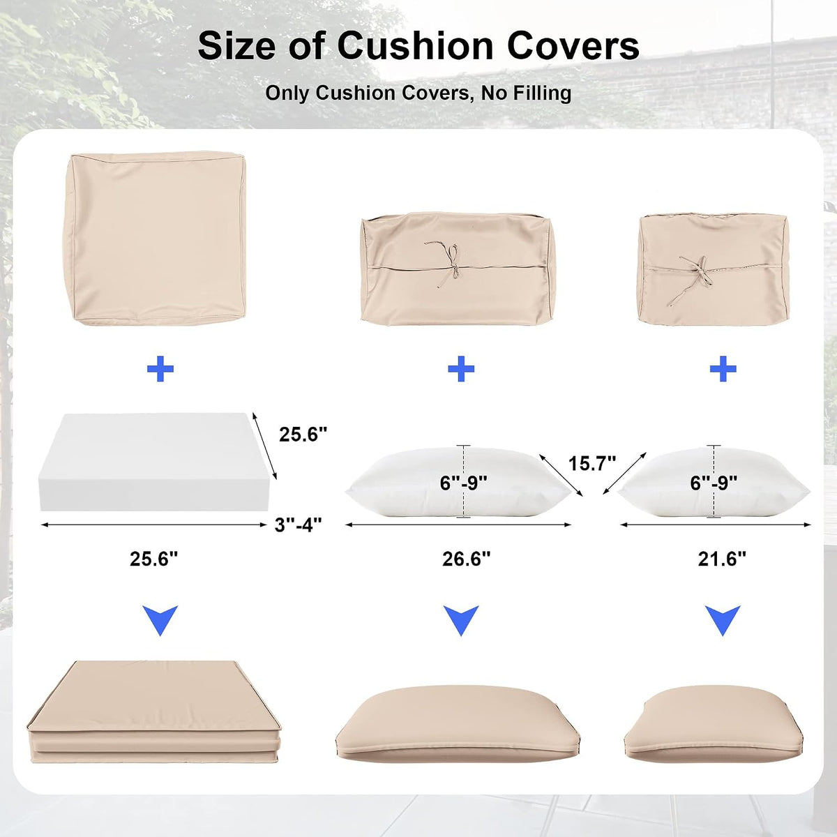 ALAULM 11 Pieces Patio Cushion Covers Replacement, Waterproof & Splashproof Outdoor Furniture Cushion Slipcovers with Zippers, Covers Only (Sand,25.6×25.6×4inches