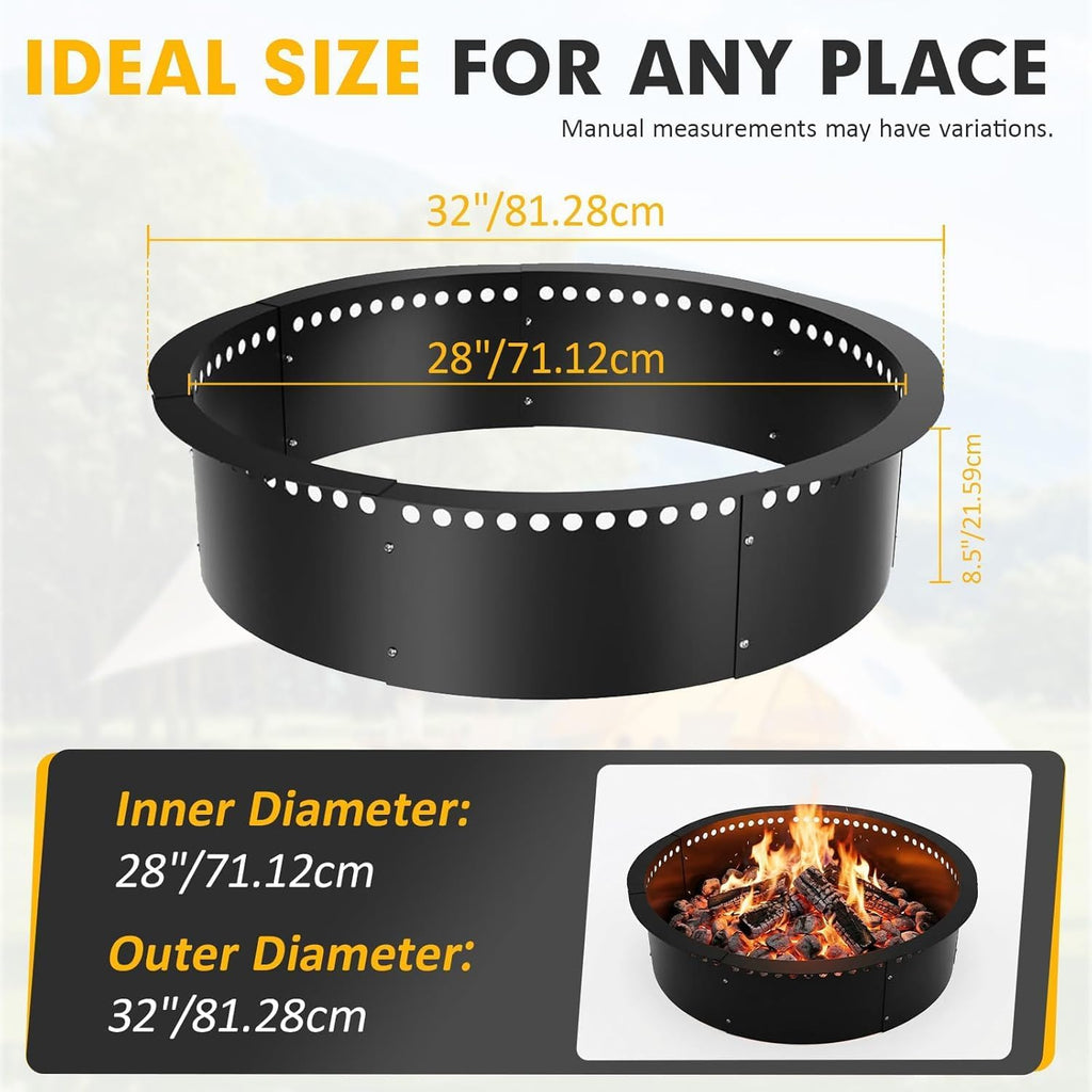 Smokeless Fire Pit Ring, 32 inch Outer/28 inch Inner Outside Fire Pit, Heavy Duty Large Solid Metal Steel Round Firepit Rim Insert for Outside Wood Burning, DIY Campfire Ring