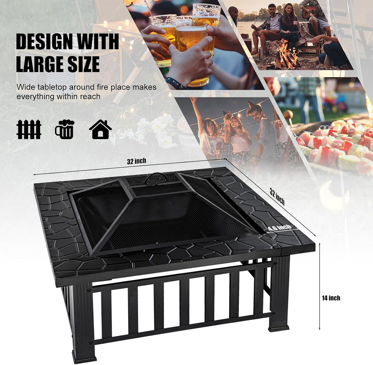 Panovue Fire Pit Table 32 Inch Square Metal Stove for Patio, Backyard