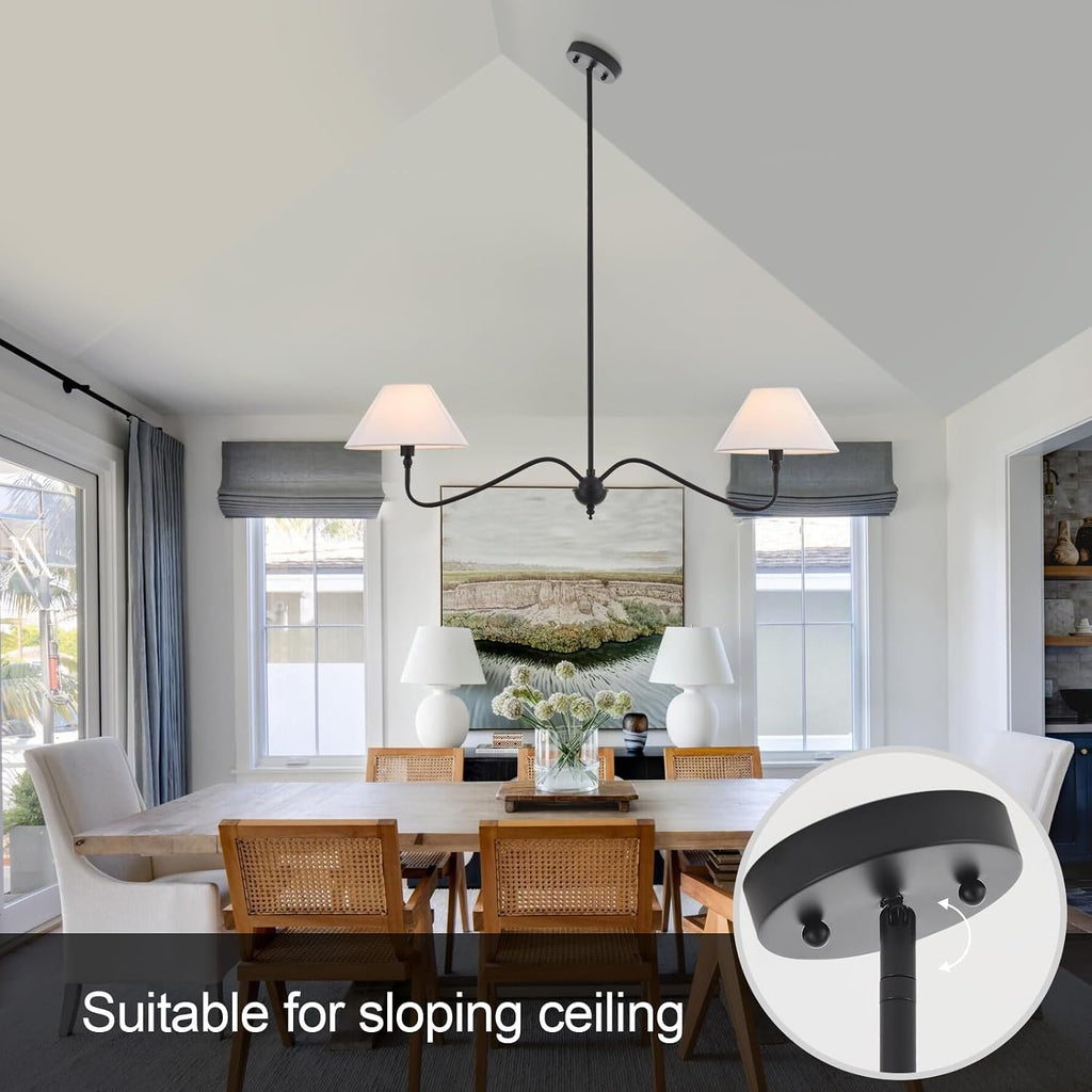 Modern Linear Chandelier for Kitchen Island, 2-Light Linear Light Fixture with Off-White Fabric Shade, Rustic Pendant Light for Dining Room