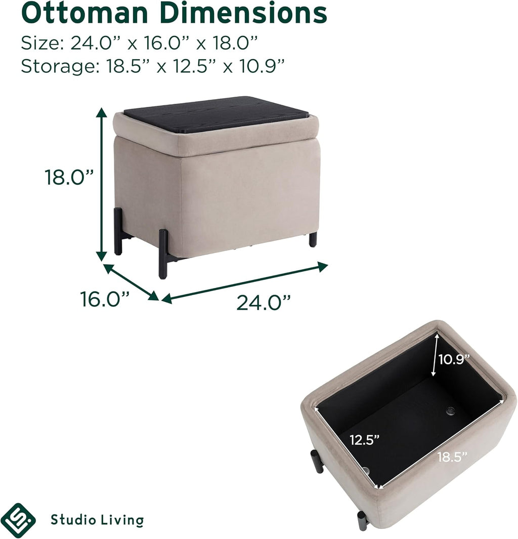 Studio Living® Connor 24" Small Storage Ottoman, Modern Boho, Matte Black Metal Legs, Velvet Fabric, Taupe