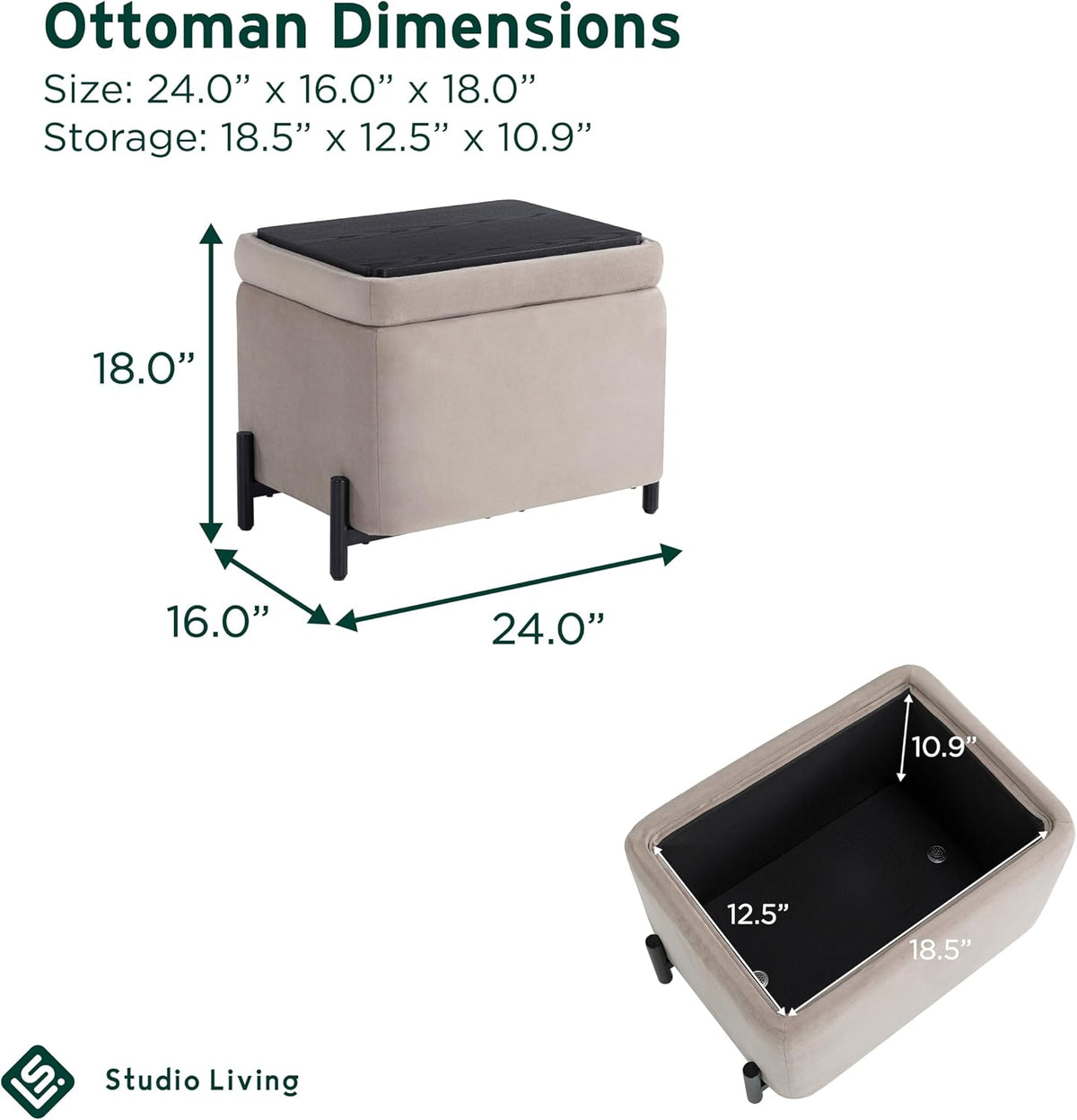 Studio Living® Connor 24" Small Storage Ottoman, Modern Boho, Matte Black Metal Legs, Velvet Fabric, Taupe